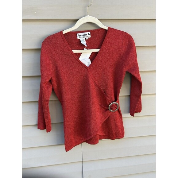 Vintage Y2K Joseph A Women’s Red Lorelei Metallic Wrap Belt Sweater Fitted M - Picture 2 of 8